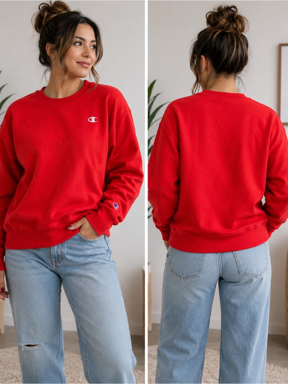 Champion Reverse Weave Red Crewneck Sweatshirt Medium Classic Logo